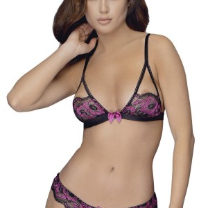 ensemble soutiengorge et culotte ouverte en dentelle noire et rose de la collection cottelli. ensemble soutiengorge et culotte ouverte en dentelle noire et rose de la collection cottelli.