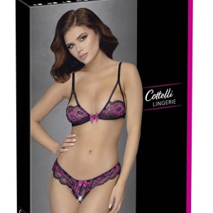 ensemble soutiengorge et culotte ouverte en dentelle noire et rose de la collection cottelli. ensemble soutiengorge et culotte ouverte en dentelle noire et rose de la collection cottelli.