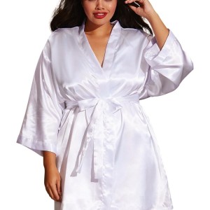 Kimono satin, ceinture attachée, nuisette et cintre assorti - DG3717XWHT Kimono satin, ceinture attachée, nuisette et cintre assorti - DG3717XWHT