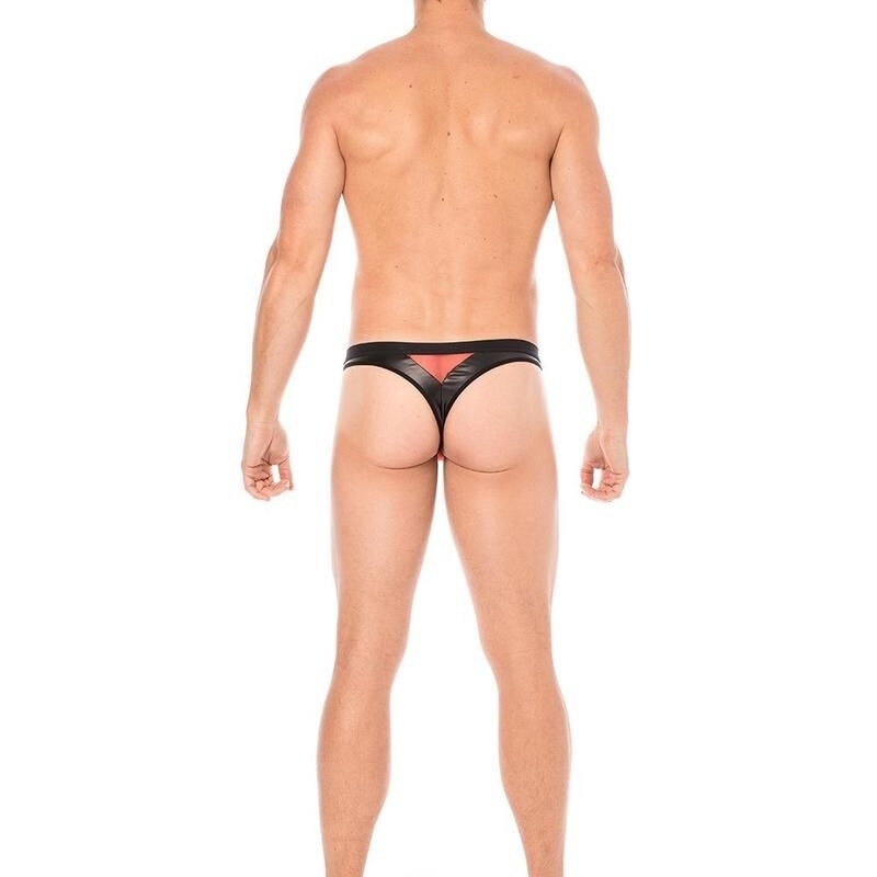String similicuir et résille rouge - lingerie sexy pour homme pas cher String similicuir et résille rouge - lingerie sexy pour homme pas cher