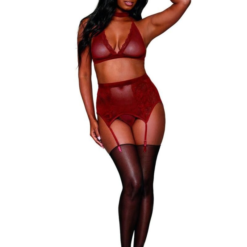 Ensemble 4 pièces soutien gorge, tour de cou, string et porte jarretelles rouge - DG11776GAR Ensemble 4 pièces soutien gorge, tour de cou, string et porte jarretelles rouge - DG11776GAR