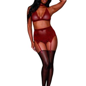 Ensemble 4 pièces soutien gorge, tour de cou, string et porte jarretelles rouge - DG11776GAR Ensemble 4 pièces soutien gorge, tour de cou, string et porte jarretelles rouge - DG11776GAR