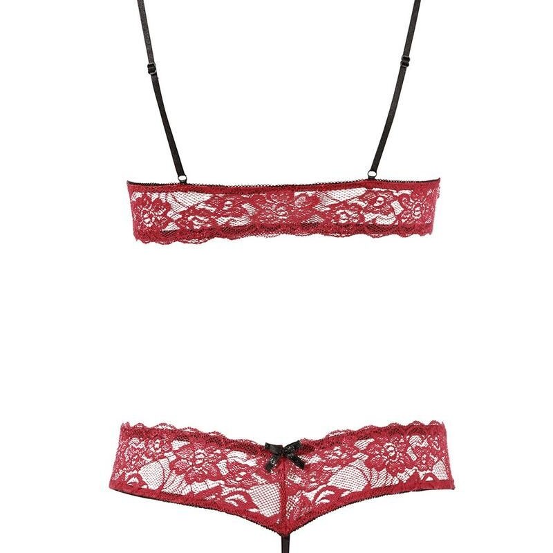 soutiengorge avec bonnets ouverts et string assorti en dentelle rouge de la collection cottelli. soutiengorge avec bonnets ouverts et string assorti en dentelle rouge de la collection cottelli.