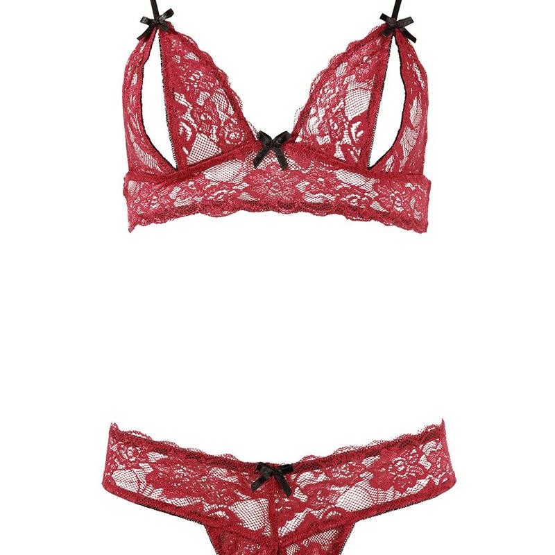 soutiengorge avec bonnets ouverts et string assorti en dentelle rouge de la collection cottelli. soutiengorge avec bonnets ouverts et string assorti en dentelle rouge de la collection cottelli.
