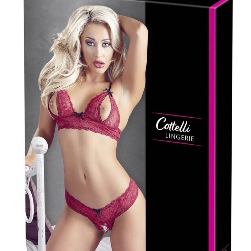 soutiengorge avec bonnets ouverts et string assorti en dentelle rouge de la collection cottelli. soutiengorge avec bonnets ouverts et string assorti en dentelle rouge de la collection cottelli.