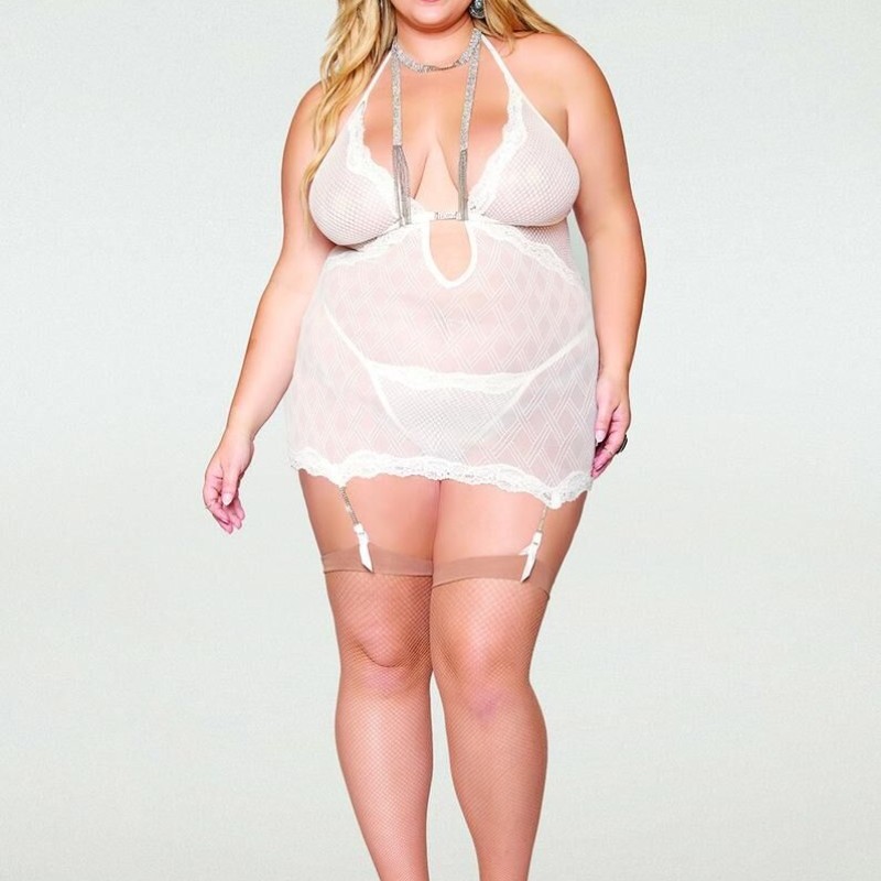Guépière porte jarretelles blanche grande taille avec strass et string inclus - DG13313XWHT Guépière porte jarretelles blanche grande taille avec strass et string inclus - DG13313XWHT