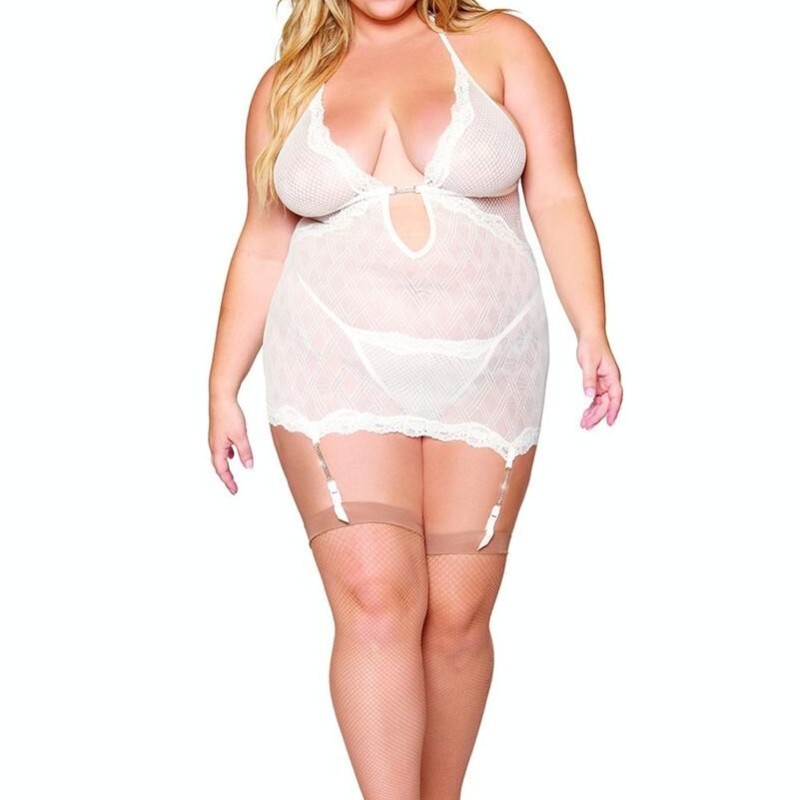 Guépière porte jarretelles blanche grande taille avec strass et string inclus - DG13313XWHT Guépière porte jarretelles blanche grande taille avec strass et string inclus - DG13313XWHT
