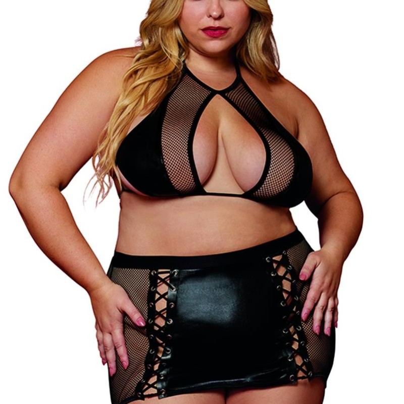 Soutien gorge et jupe porte jarretelles grande taille en résille et simili cuir - DG13290XBLK Soutien gorge et jupe porte jarretelles grande taille en résille et simili cuir - DG13290XBLK