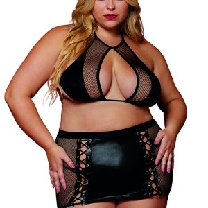 Soutien gorge et jupe porte jarretelles grande taille en résille et simili cuir - DG13290XBLK Soutien gorge et jupe porte jarretelles grande taille en résille et simili cuir - DG13290XBLK