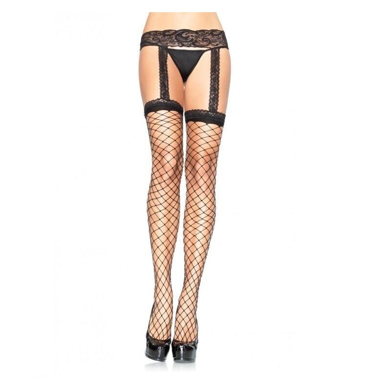 LEG AVENUE - BAS RÉSILLE AVEC JARRATIÈRE EN DENTELLE NOIRE